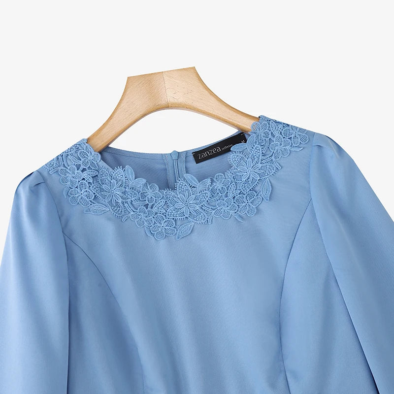 Lace Patchwork Three Quarter Sleeve Peplum Blouse for Women