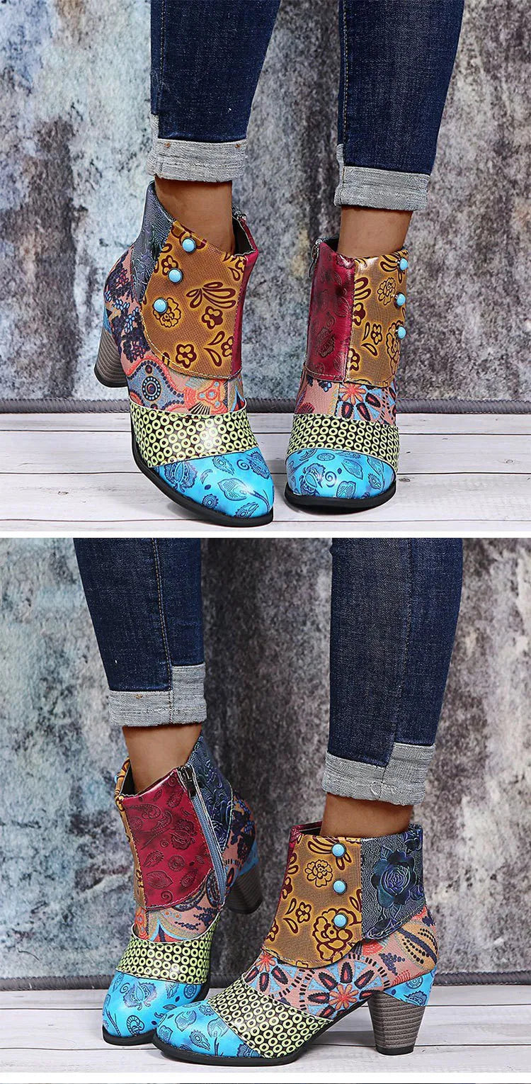 Vintage Printed Leather Zippered Ankle Boots for Women