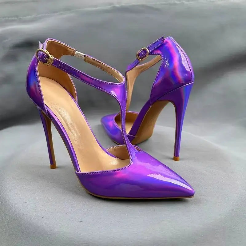 Gradient Purple T Strap Pointed Toe High Heel Pumps for Women