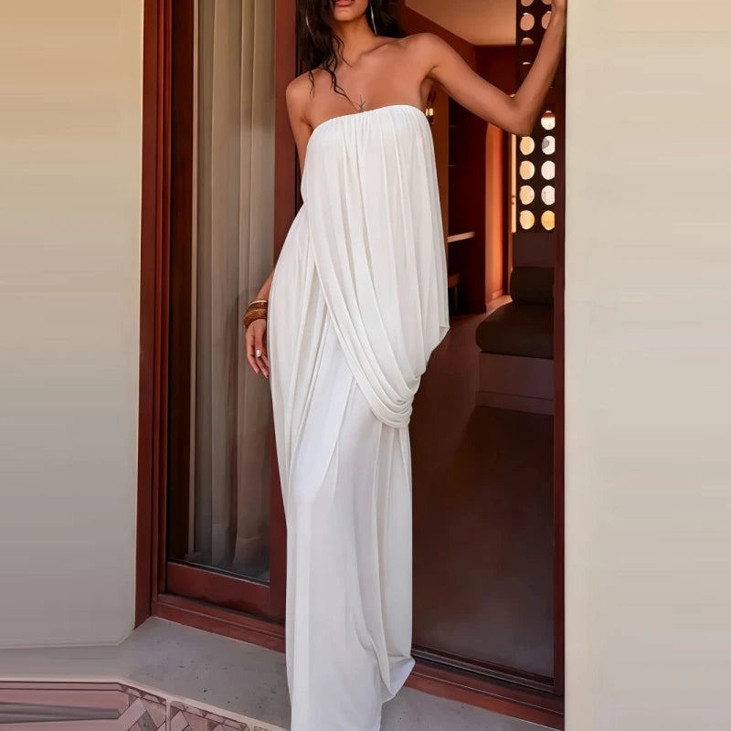 Elegant Strapless Backless Pleated Slit Maxi Dress for Women