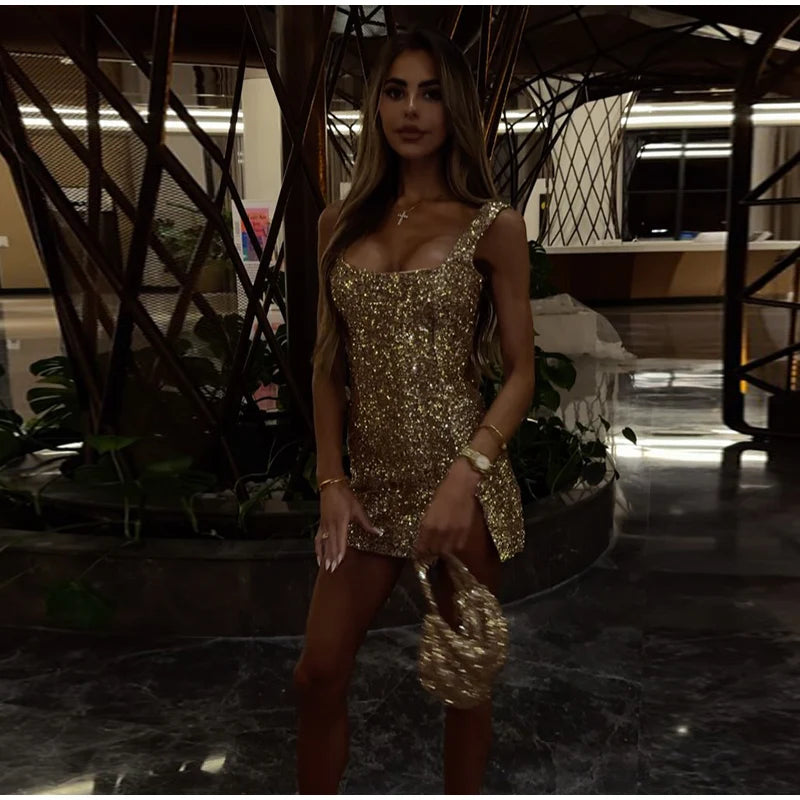 Sleeveless Sequin Mini Dress with High Slit for Women