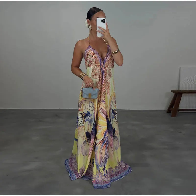 Beach Print Halter Neck Backless Long Dress for Women