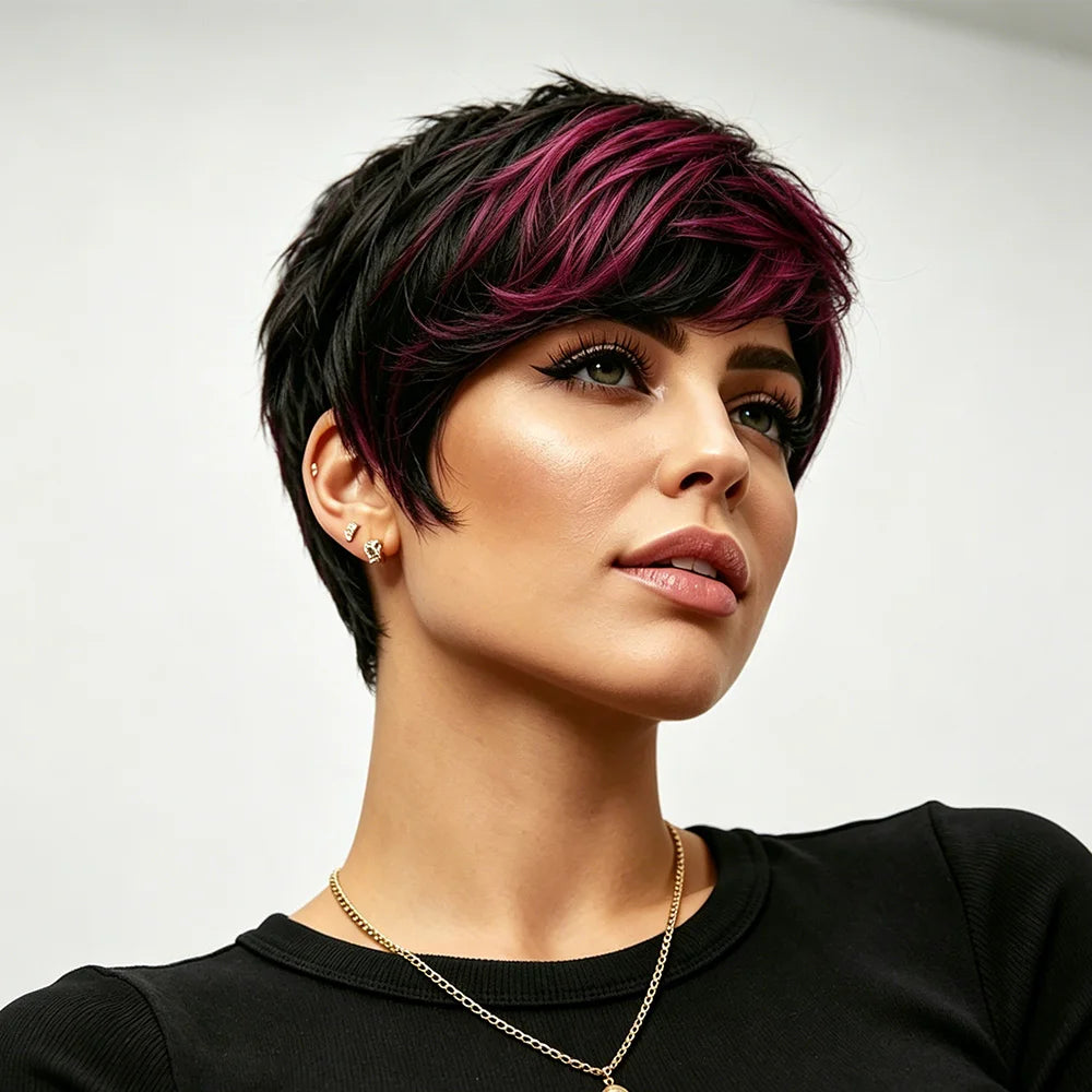 Short Black Burgundy Highlighted Pixie Wig For Women