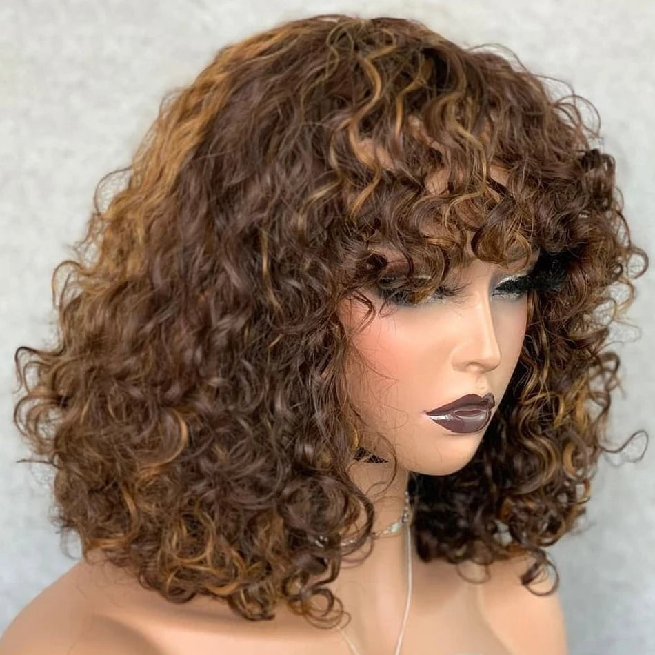 Short Ombre Curly Human Hair Bob Wig With Bangs for Women