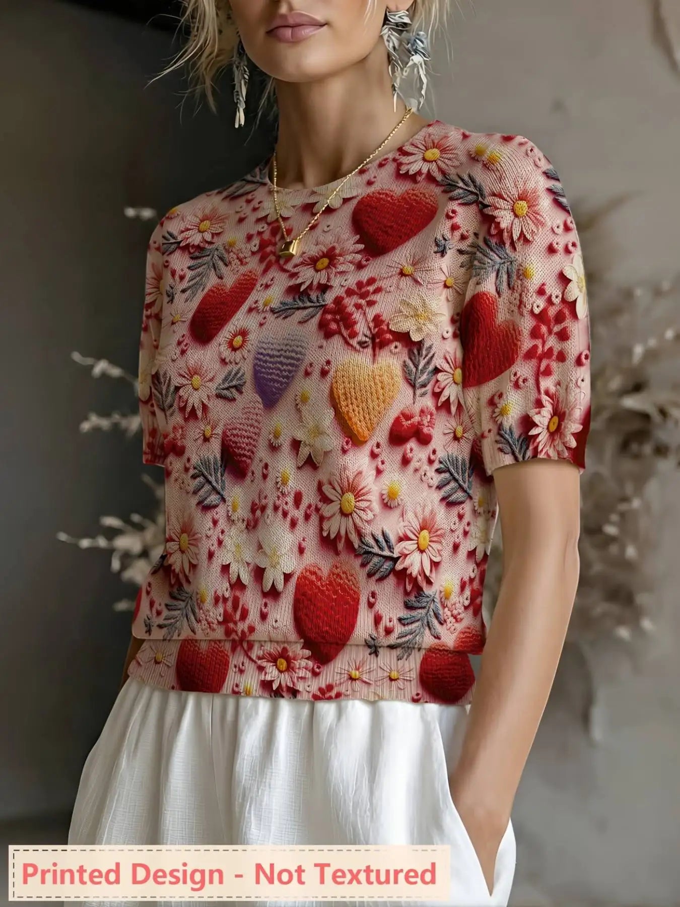 Printed Design Round Neck Short Sleeve Pullover Top for Women