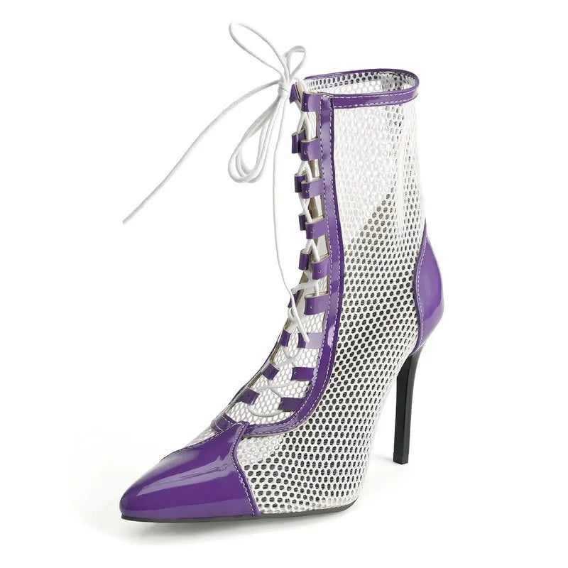 Breathable Mesh Pointy Toe Lace Up Thin Heel Ankle Boots for Women