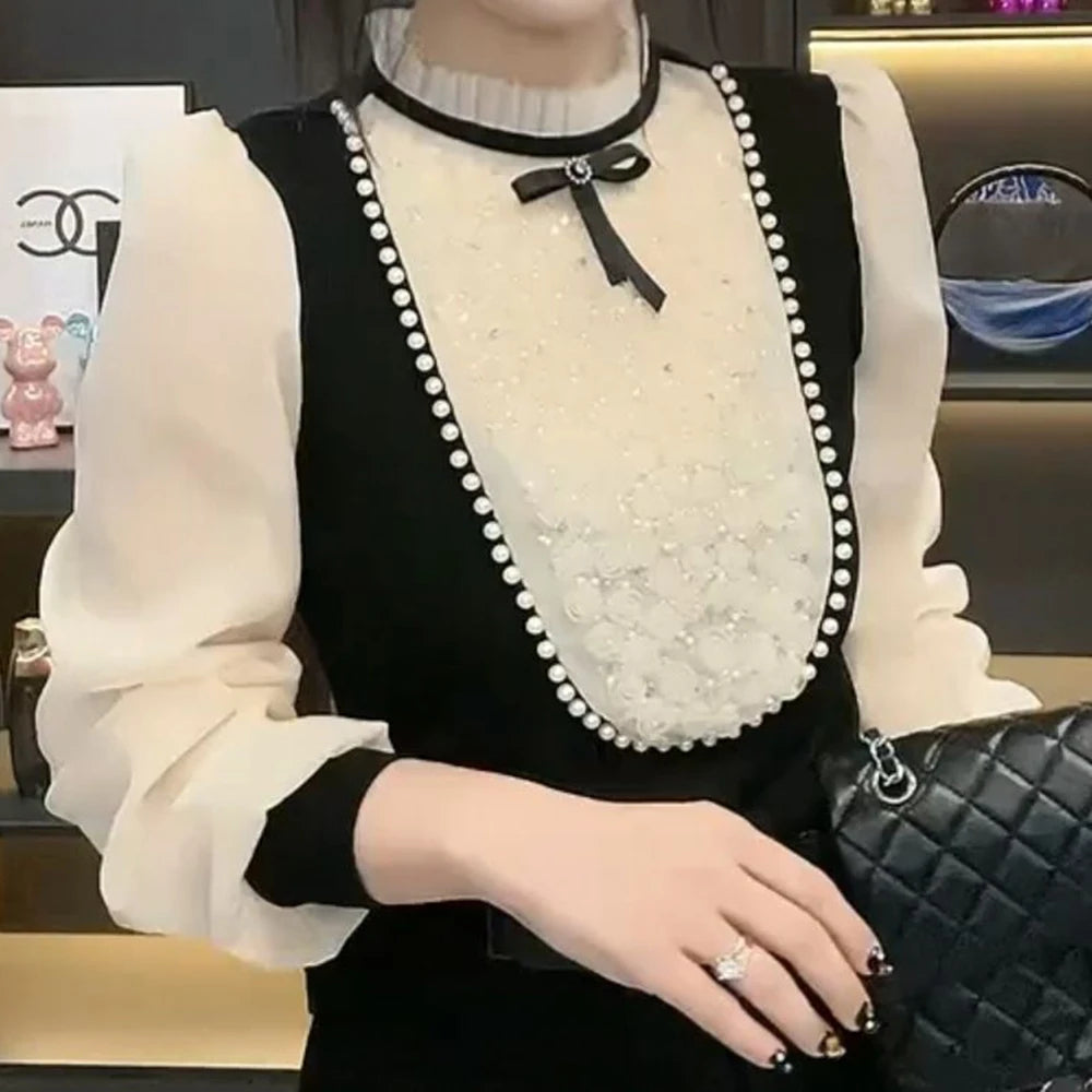 Beaded Long Sleeve O Neck Versatile Blouse For Women