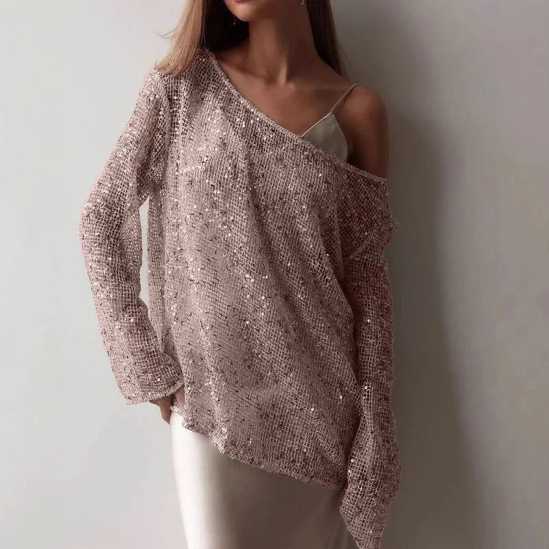 Elegant Sequined Long Sleeve Pullover Blouse for Women