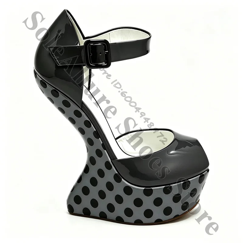 Glossy Polka Dot Buckle Strap Wedge Platform Sandals For Women