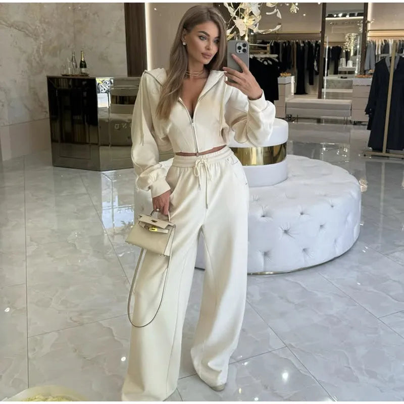 Zip Up Corset Hoodie And Wide Leg Sweatpants Two Piece Set For Women