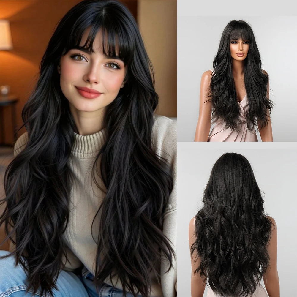 Blue Highlight Long Wavy Synthetic Wig With Bangs for Women