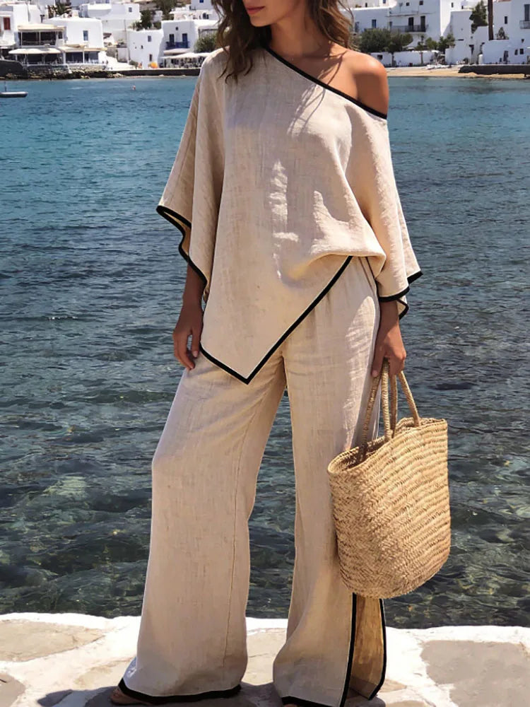Asymmetrical Bat Sleeve Top And Pants Set for Women