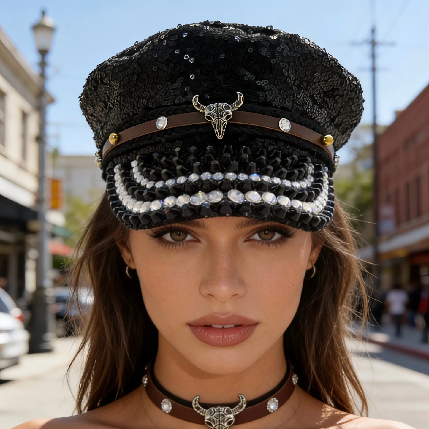 Black Luxury Steampunk Rhinestone Baseball Cap for Women