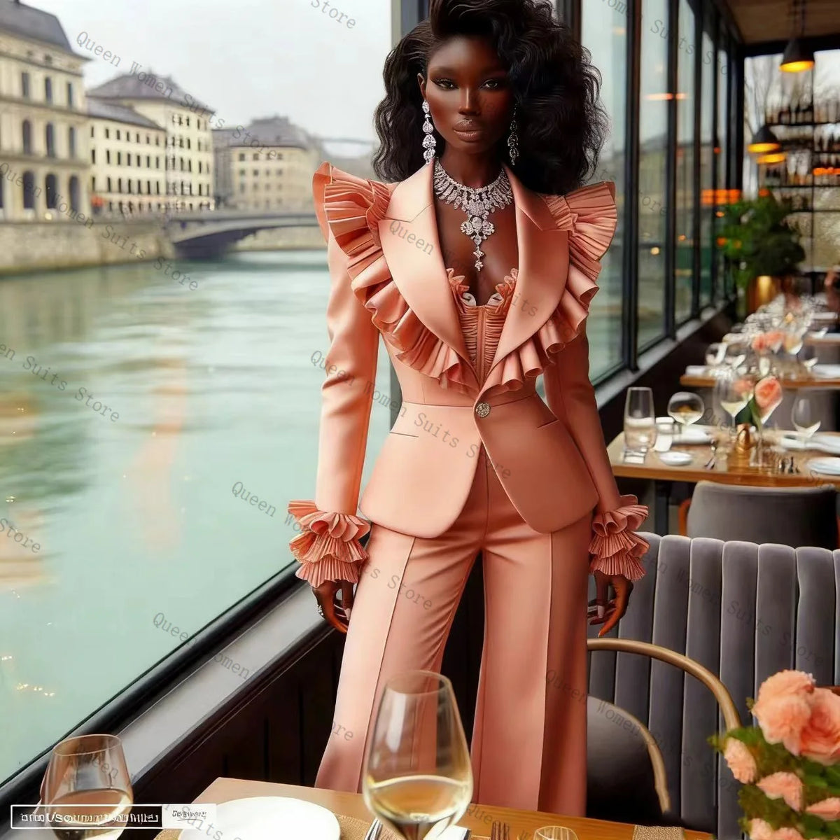 Sophisticated Ruffle Sleeve Two Piece Suit Set for Women