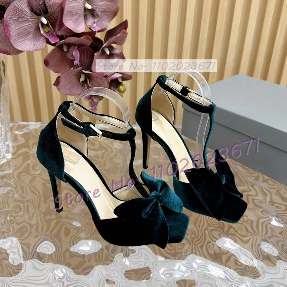Bow-embellished Velvet Sandals Women's Luxury T Strap Square Toe High Heels Sandals Newest Luxury Party Trendy Cover Heel Shoes