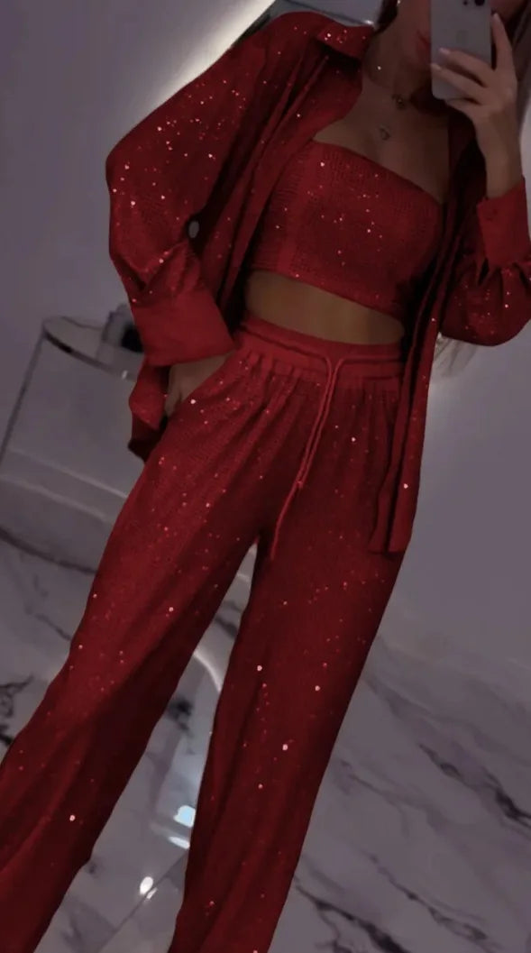 Casual Sequined Blazer With Wide Leg Pants Set For Women
