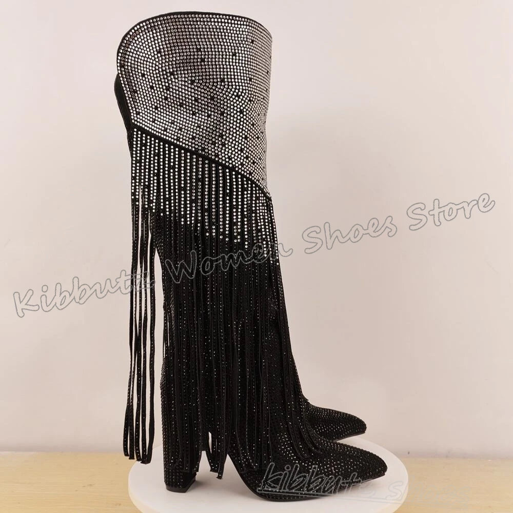 Crystal Knee High Boots Glossy Pointy Chunky Heels Luxury Novelty Elegant Concise Sexy Fashion Luxury Women Shoes Newest Slip-On