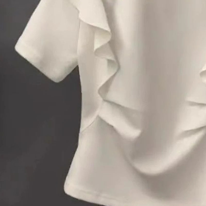 French style fashion ruffled three-dimensional disc color block T-shirt short sleeve women's summer new patchwork casual top