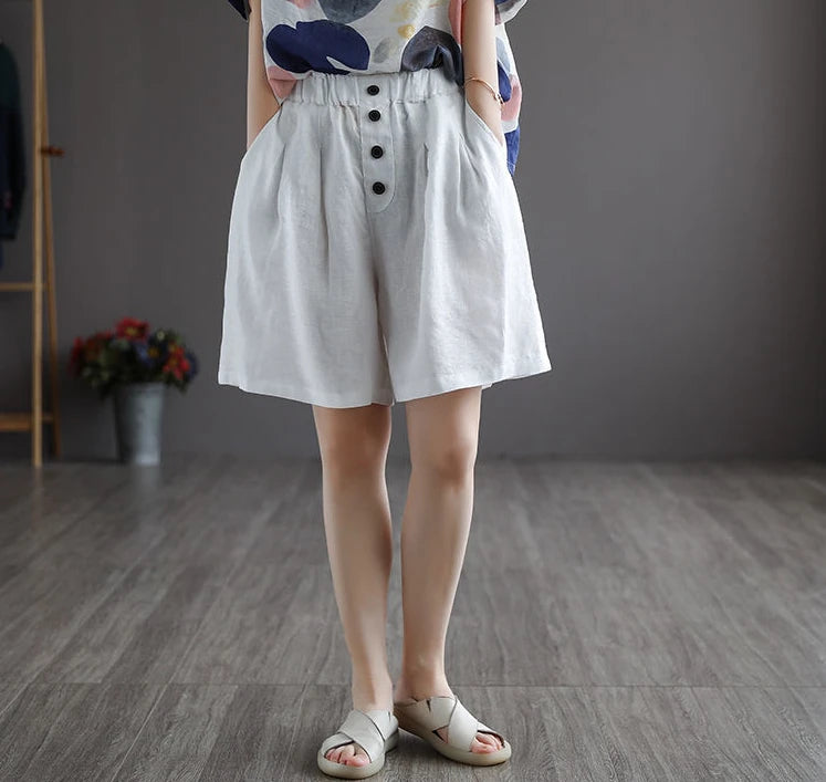 Short Pants Woman Bermuda with Waist Pocket Knee Length Mid Cotton Half Shorts for Women Elastic Linen Trend 2025 Kpop Wholesale