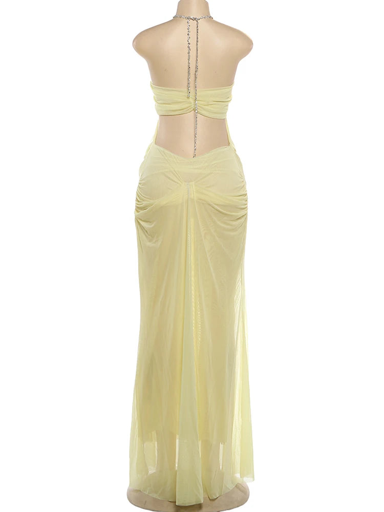 See Through Halter Backless Ruched Patchwork Dress for Women