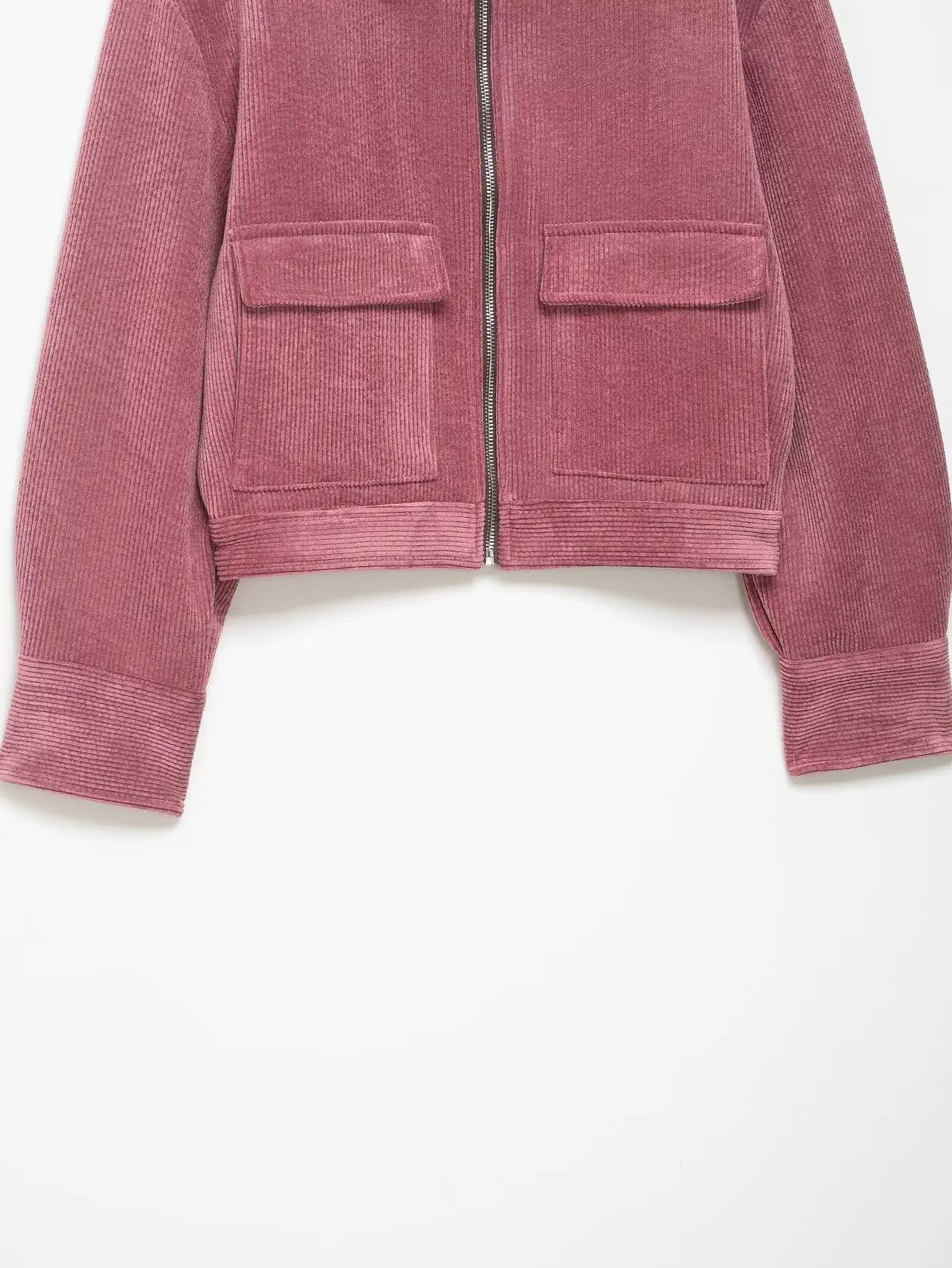 Pink Corduroy With Zipper And Pockets Long Sleeve Jacket for Women