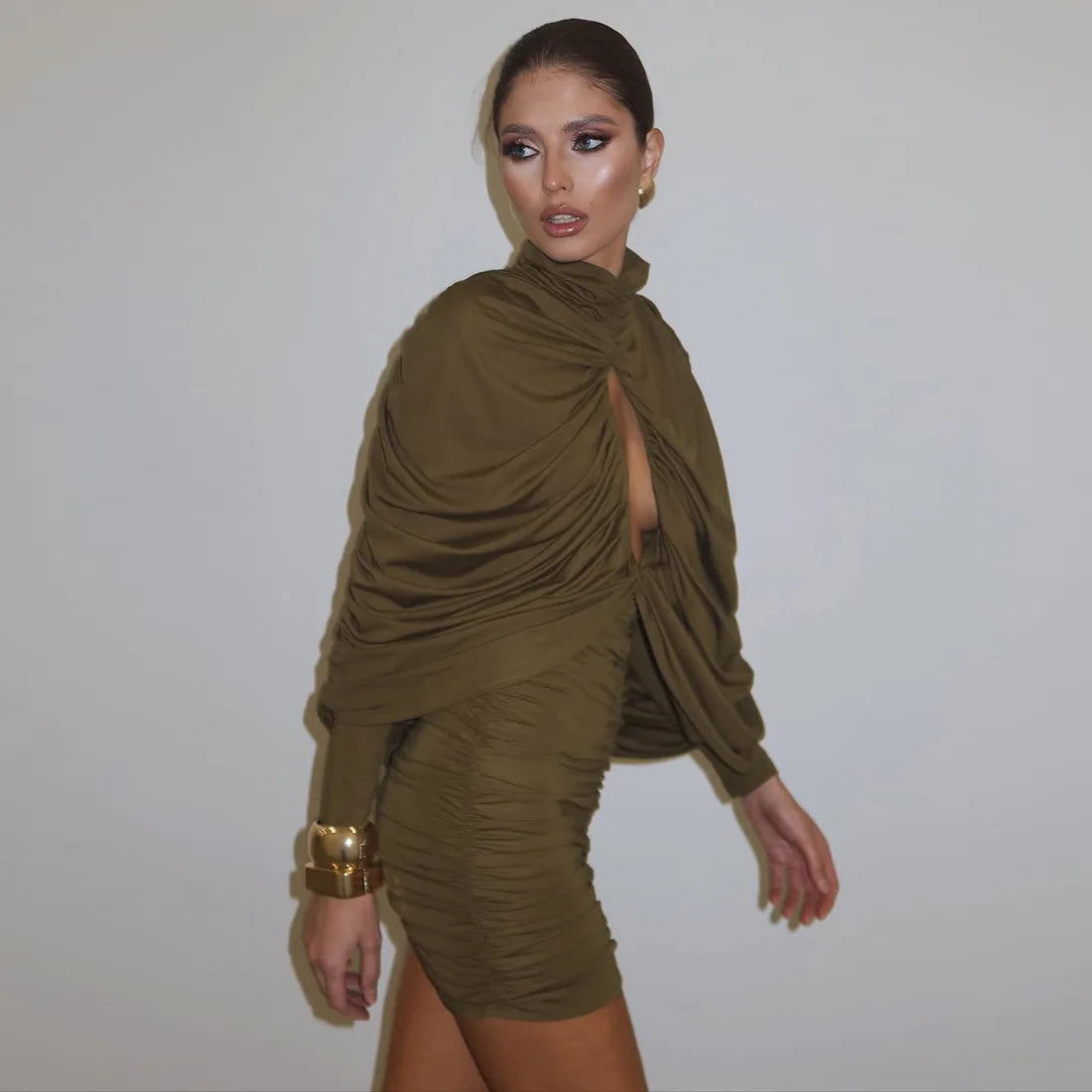 Hollow Out Shirring Turtleneck Long Sleeve Bodycon Mini Dress for Women