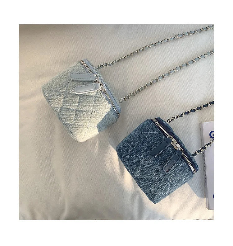 Mini Denim Crossbody Bag with Chain Strap for Women