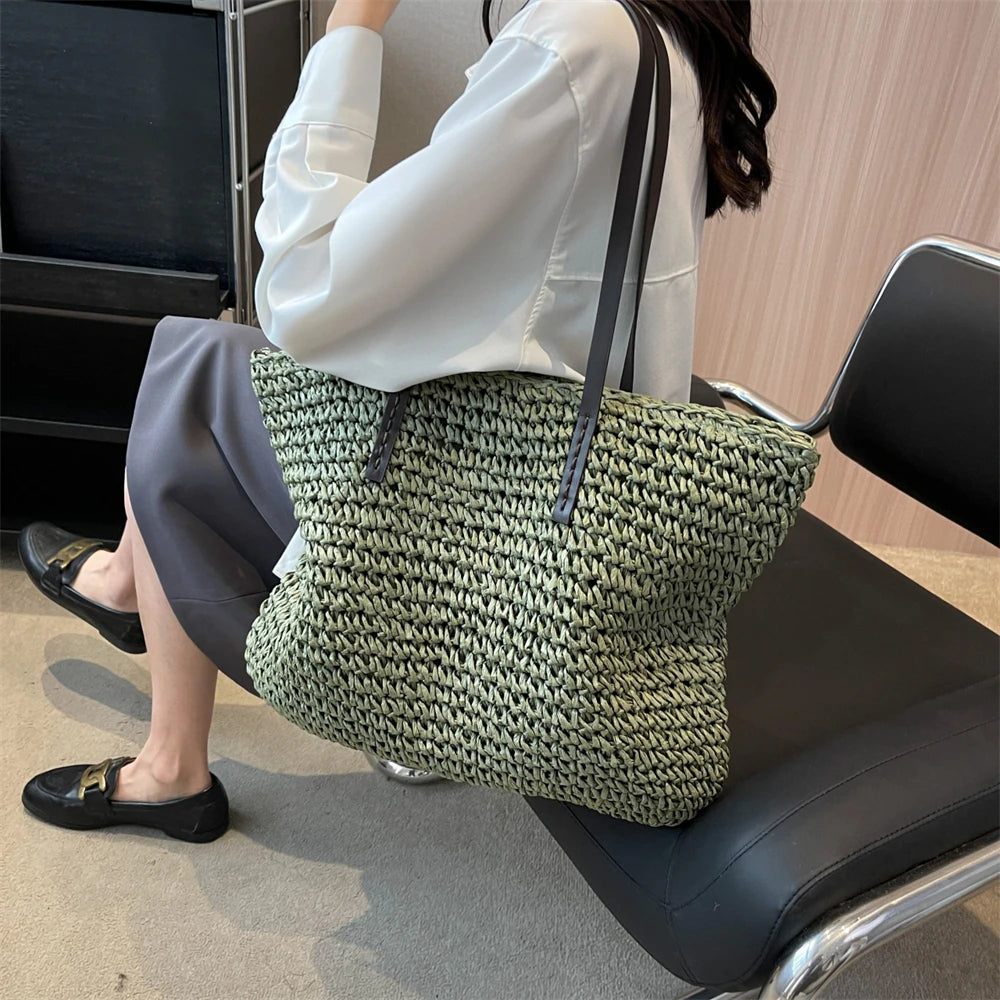 Large Capacity Straw Woven Shoulder Tote Bag for Women