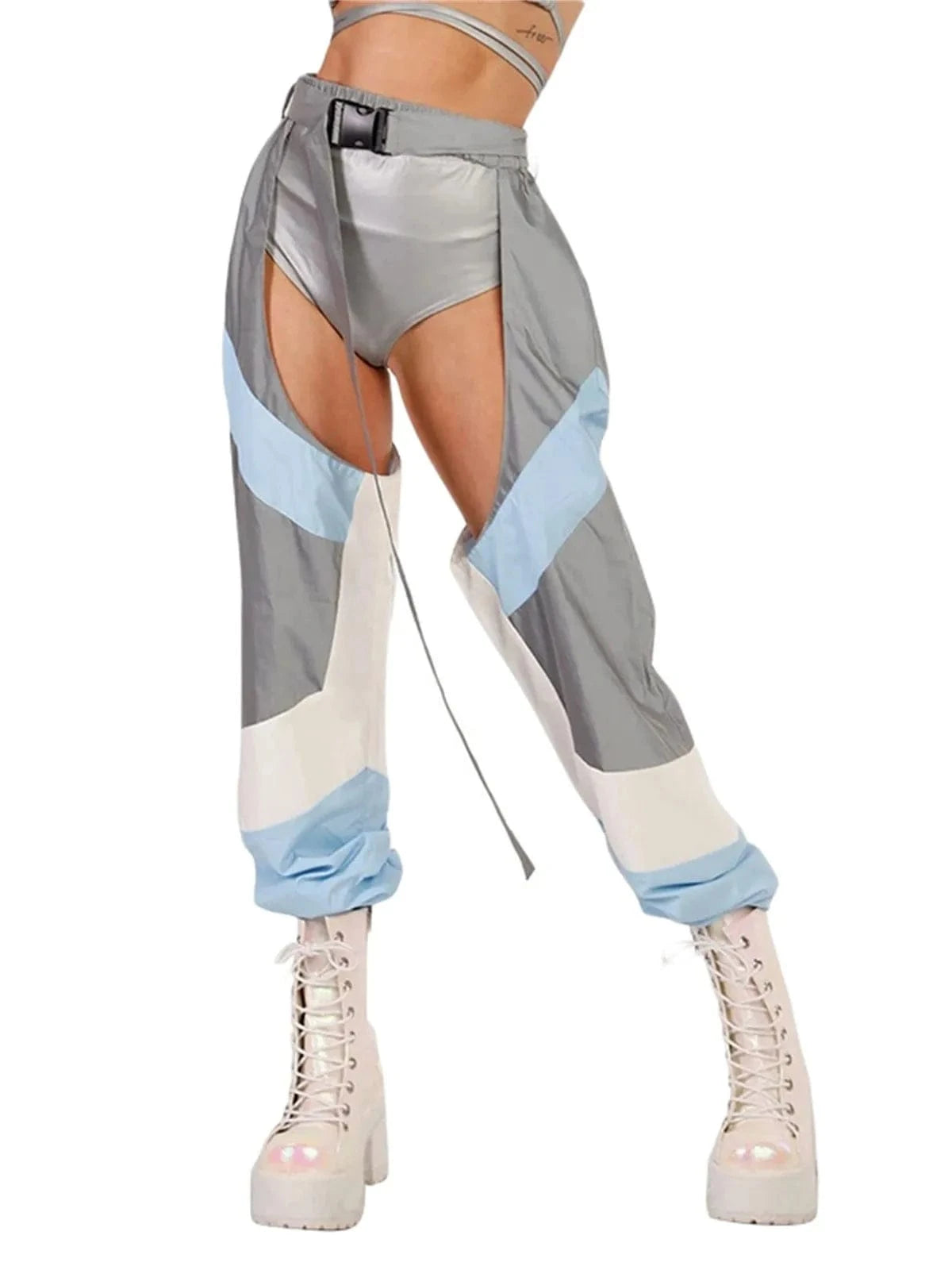 hirigin Women Buckles Bottomless Pants High Waist Cargo Trousers Crothchless Color Block Boggy Trousers Long Rave Legging