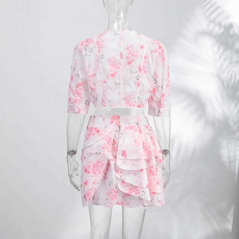 Floral Print Slim Top and Ruffle Skirt Set for Women