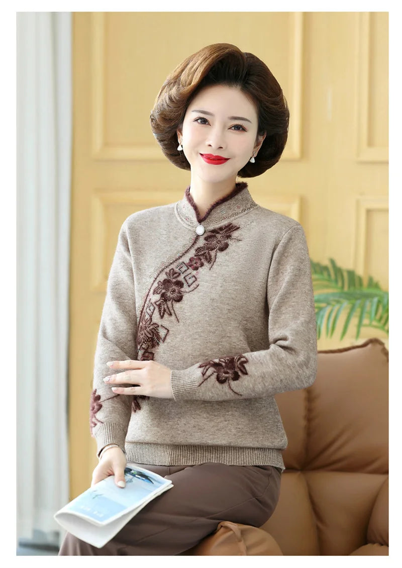 2025 Autumn New Mom's Velvet And Warm Knitted Embroidered Bottom Shirts Imitation Mink Fleece Winter Inner Plsh Thick Pullover