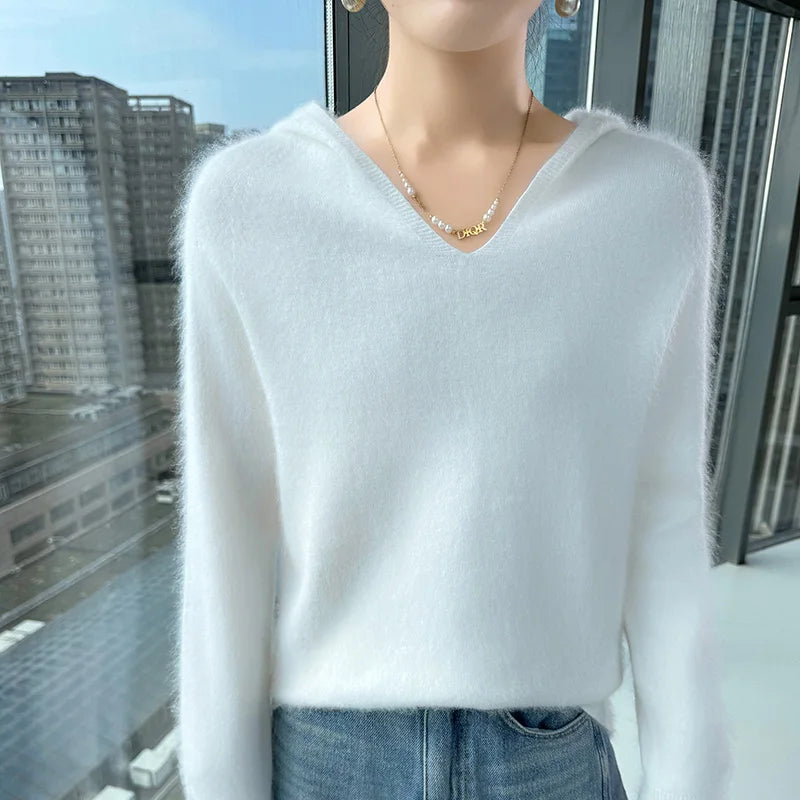 Loose Fit Thick Knit Hooded V-Neck Sweater for Women