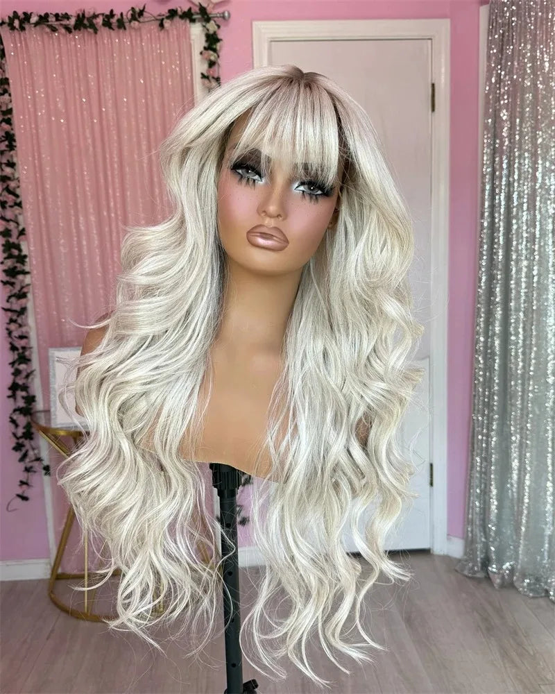 Heat Resistant Ombre Loose Wave Lace Front Wig With Bangs for Women