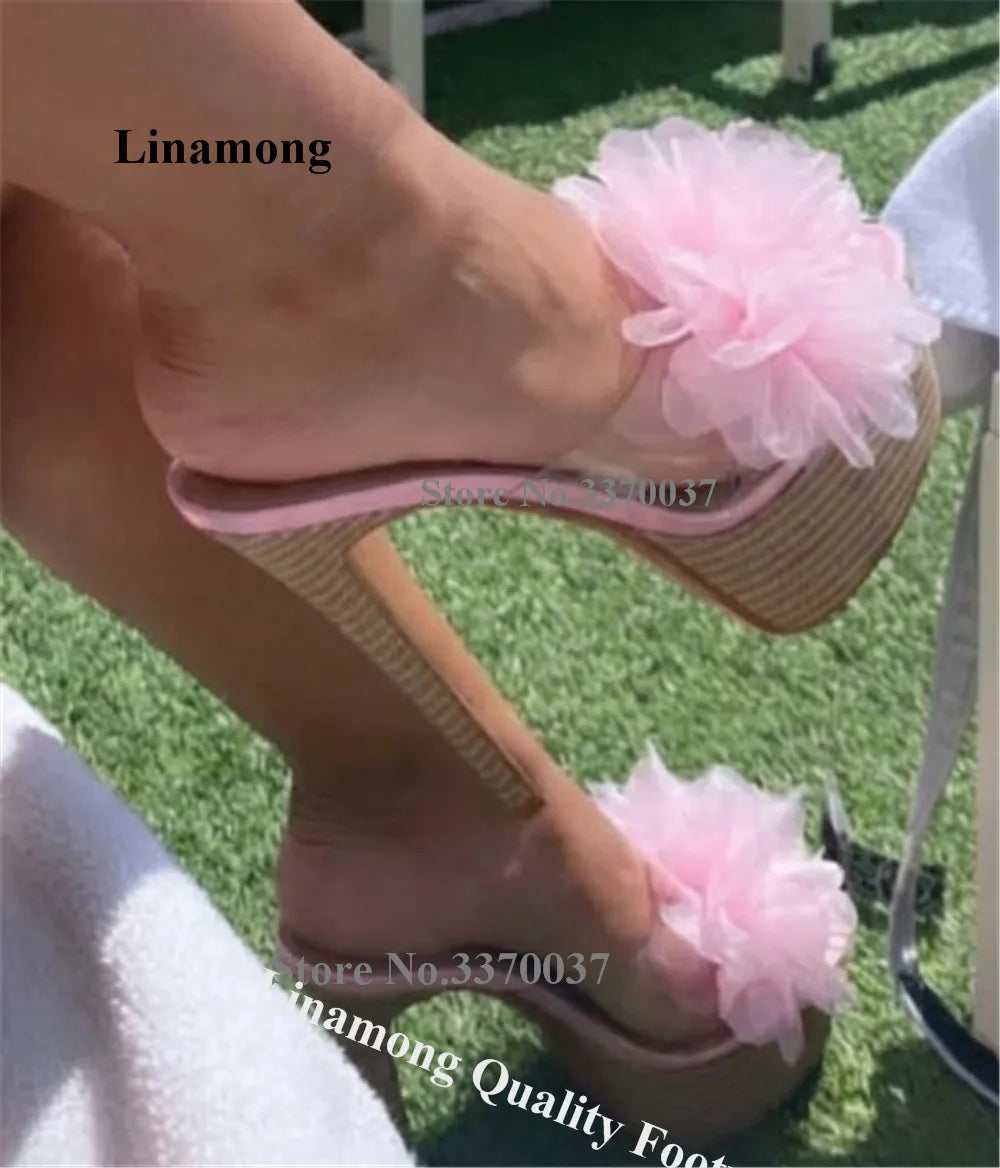 Pink Flower Embellished Open Toe Stiletto Sandals with Ankle Strap for Women