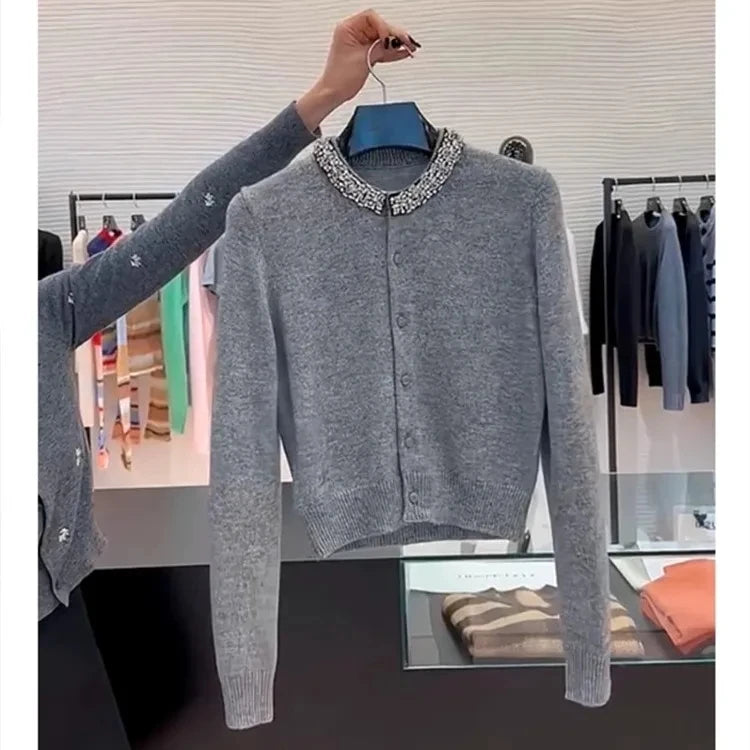 Embroidered Round Neck Knit Cardigan Sweater for Women