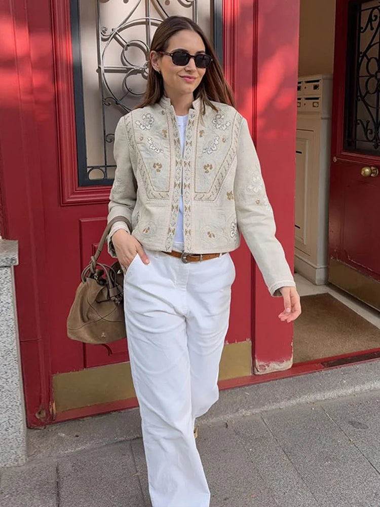 Urban Print Coat Stand Collar Long Sleeve for Women