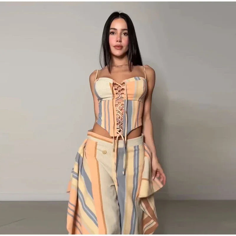 Striped Patchwork Vest and Asymmetric Trousers Set for Women