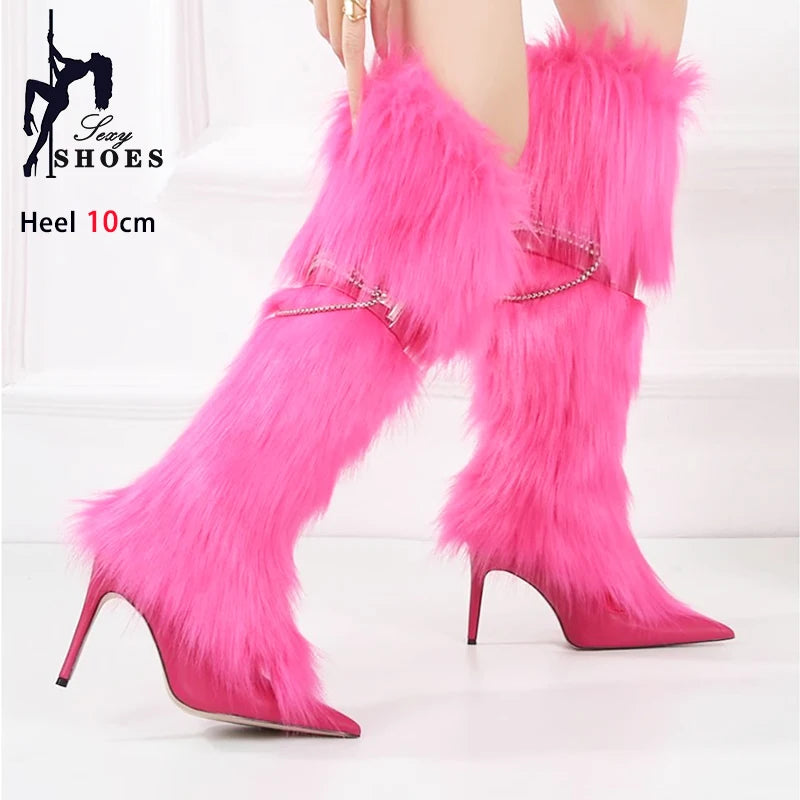Elegant Faux Fur Knee High Stiletto Boots for Women