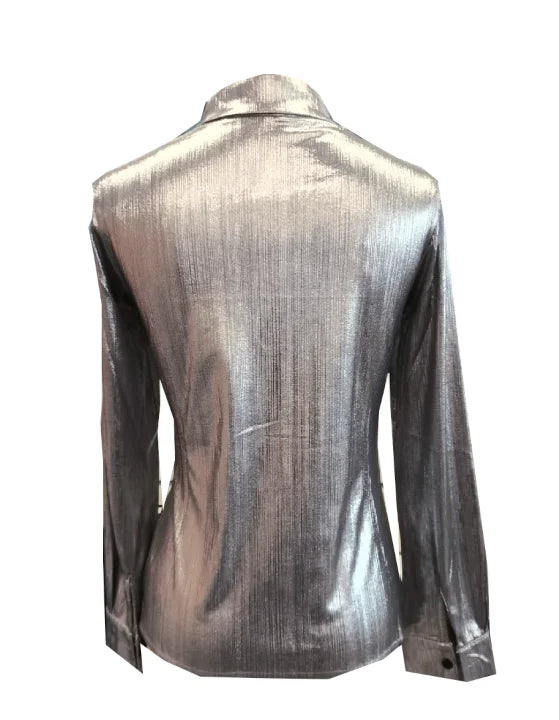 Ruched Lapel Long Sleeve Button Front Shirt for Women