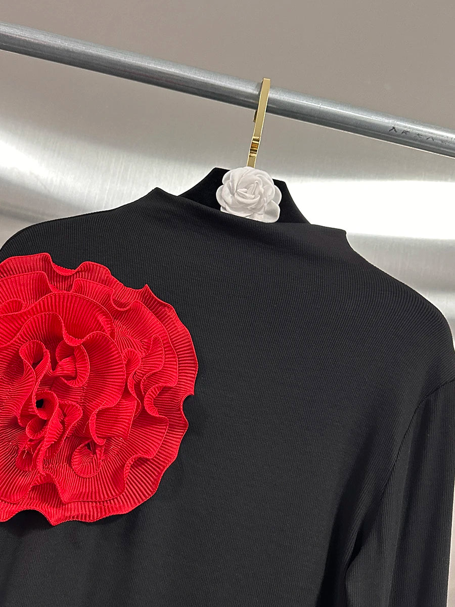 VGH Temperament Spliced Fungus Shirt For Women Turtleneck Petal Sleeve Slimming Chic Elegant Hit Color Blouse Female Spring New
