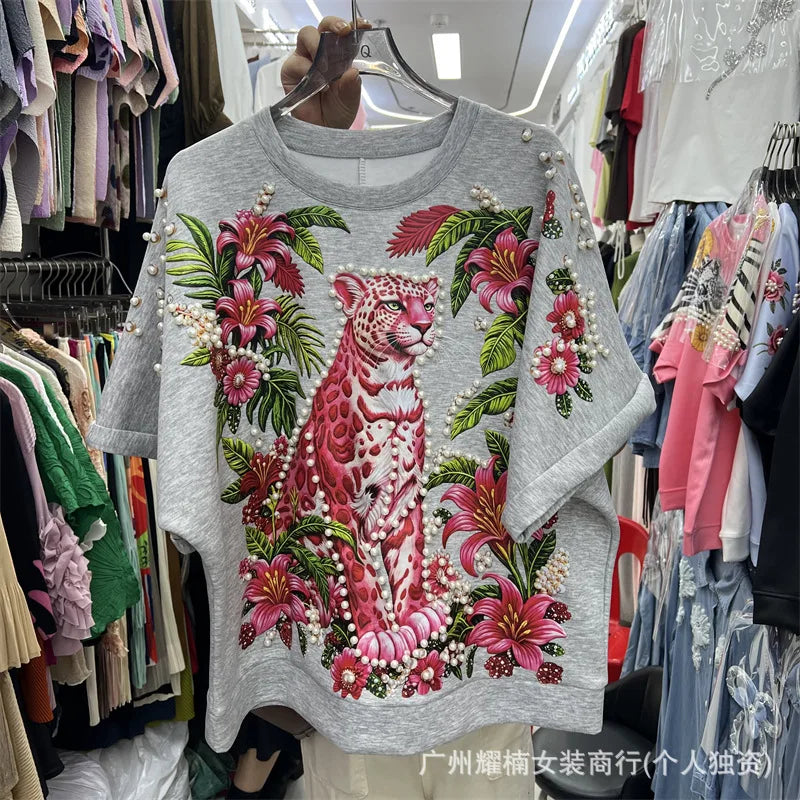 Relaxed Fit Beaded Animal Print Crew Neck Tee For Women