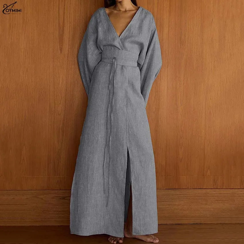 Oymimi Elegant Grey V-Neck Womens Dresses Fashion Long Sleeve Lace-Up Loose Dresses Casual Side Slit Ankle-Length Dress Female