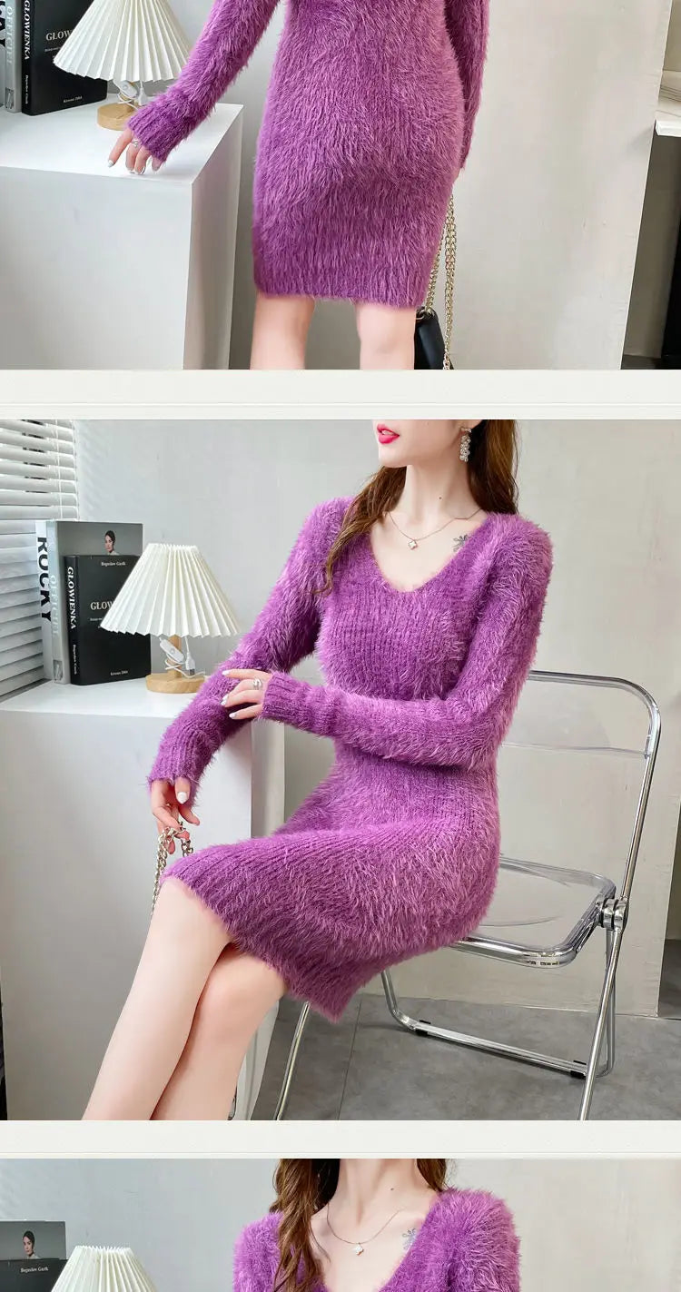 Cozy Faux Mink Knit Sweater Dress