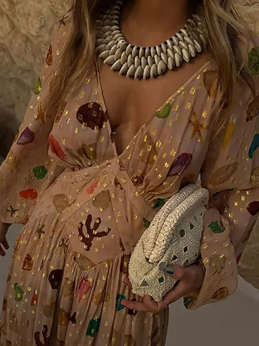 New Casual Bohemian Vacation Dress Sexy Ladies Deep V Long Sleeved Pleated Autumn Dress Elegant Pattern Printed High Waist Dress