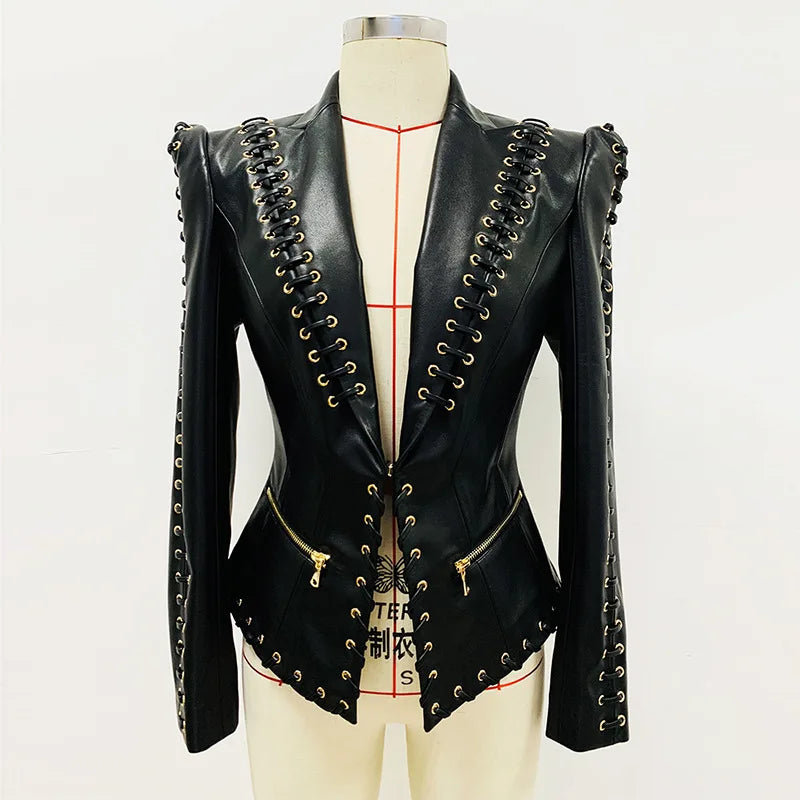 Mandarin Collar Lace-Up Faux Leather Jacket for Women