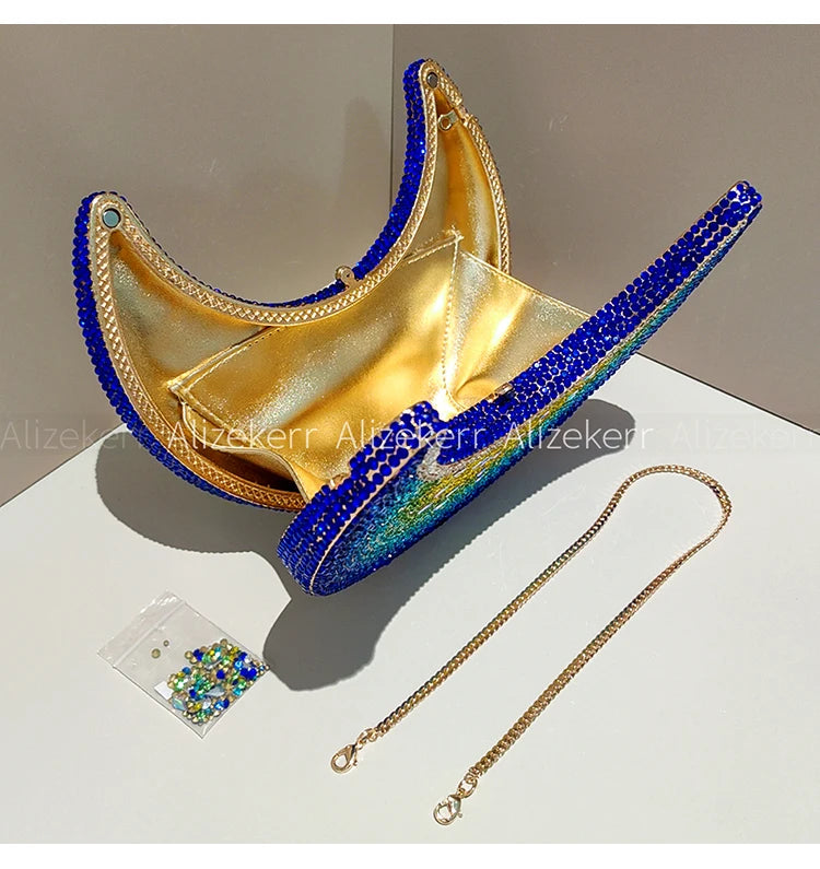 Moon Shaped Diamond Evening Bag with Watermelon Rhinestones for Women