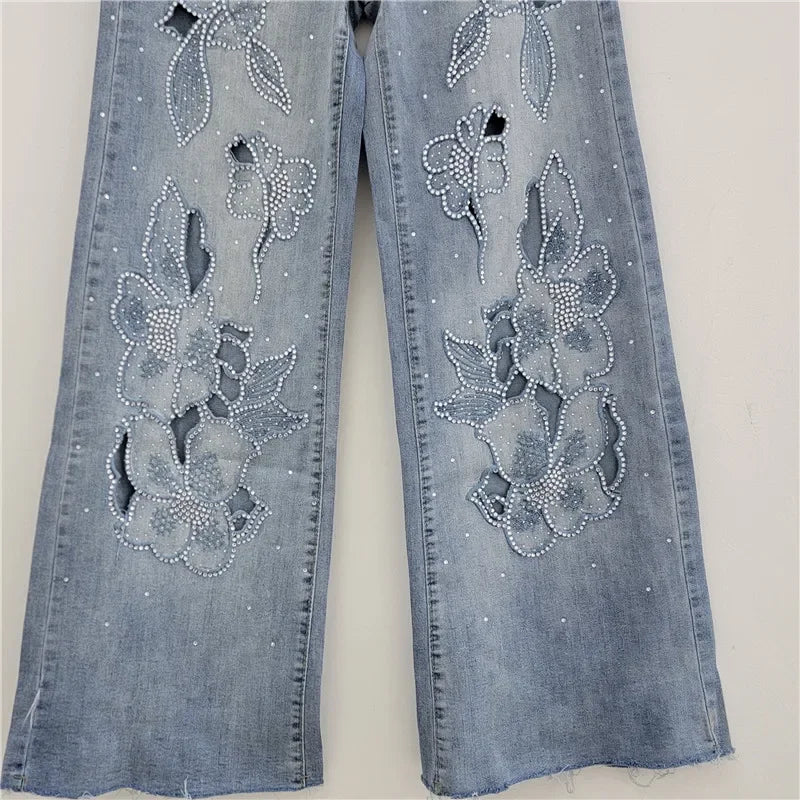 Fashion Women's Jeans High Waist Embroidery Flowers Burrs Edge Straight Wide Leg Denim Pants New 2025 Summer Street Trousers