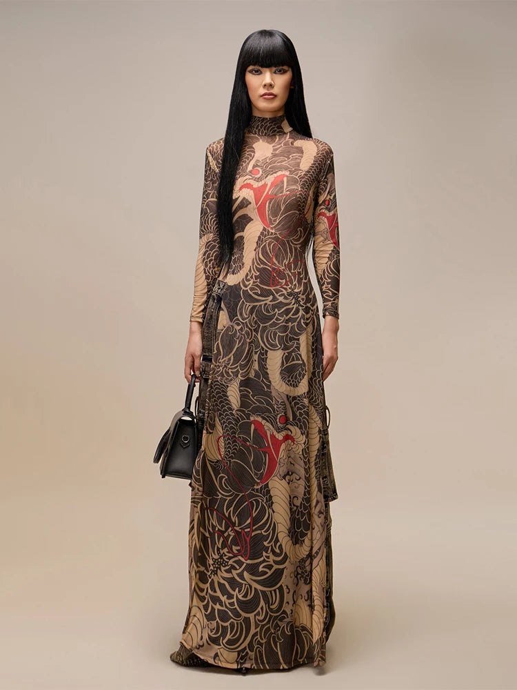 Snake Print Sheer Turtleneck Long Sleeve Top for Women