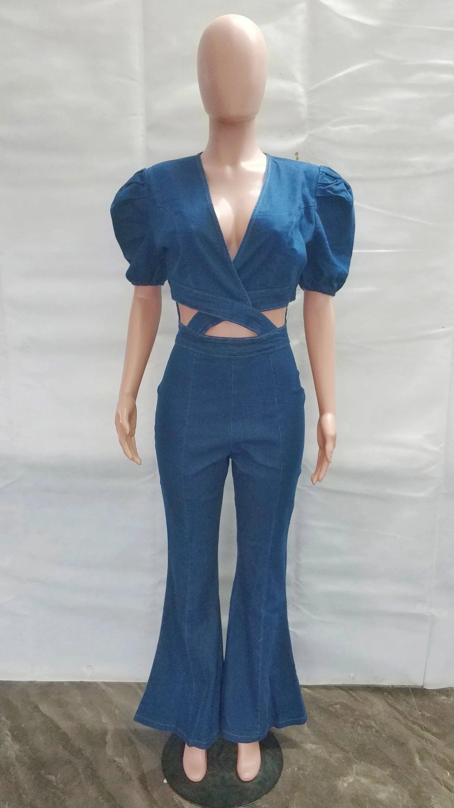 Wide Leg Denim Jumpsuit Sexy Women V-neck Elegant Blue Hollow Out Jeans Casual Romper Overalls