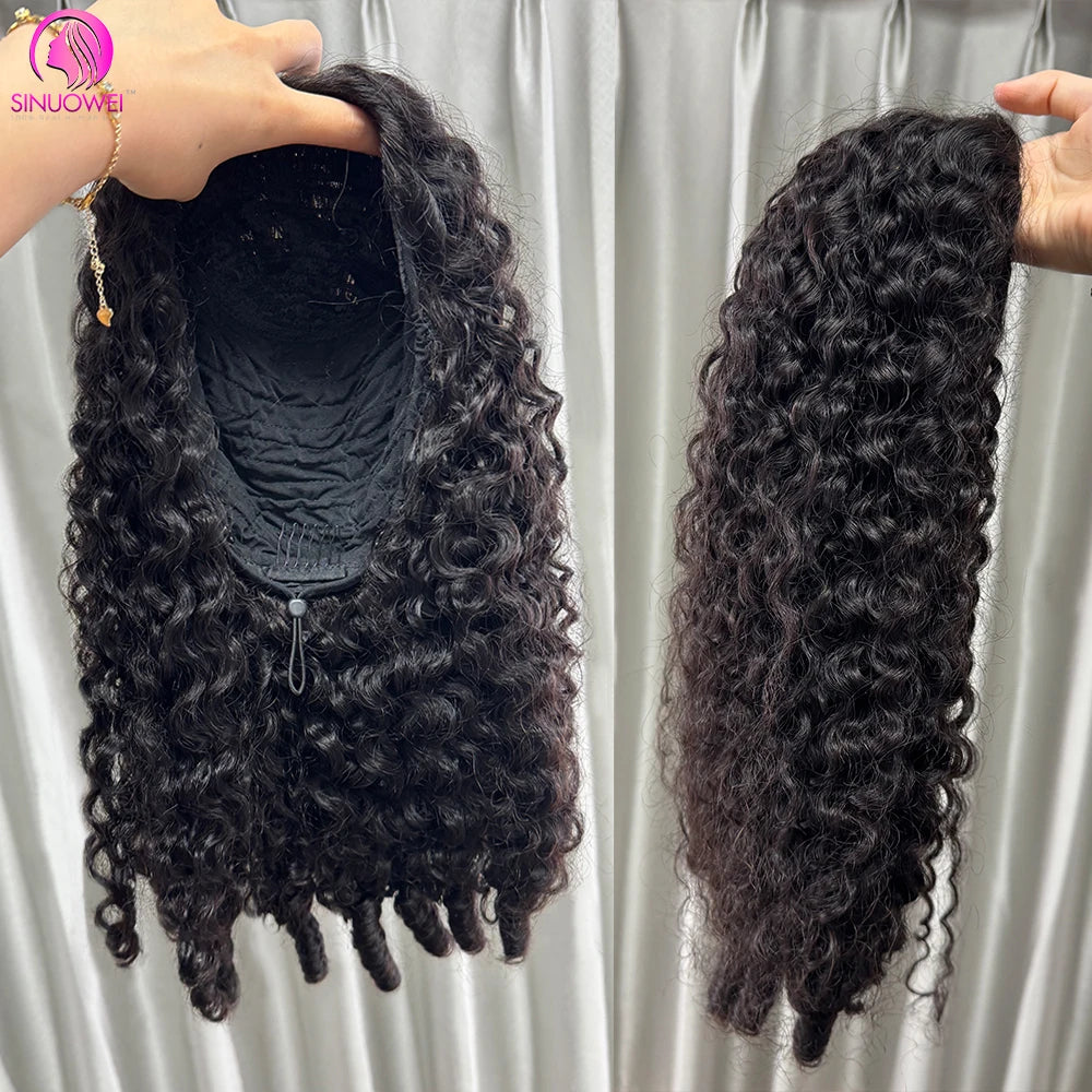 Long Glueless Curly Human Hair Drawstring Wig for Women